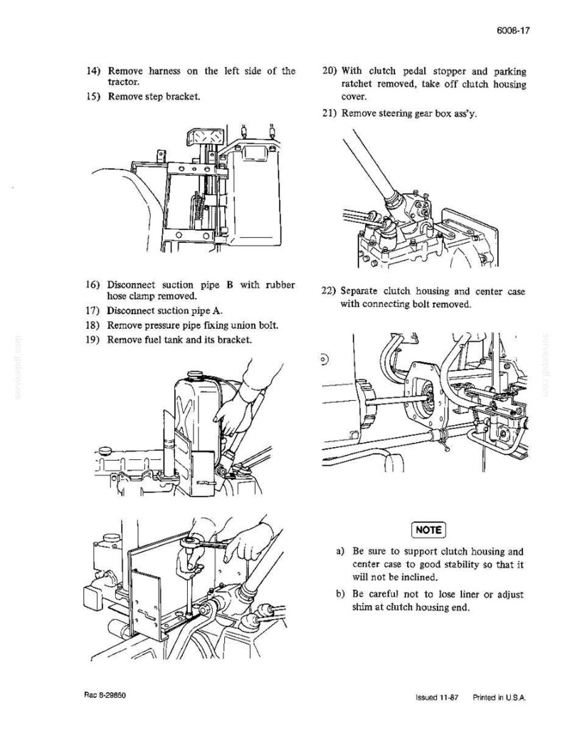 May include: Black and white line drawings illustrating tractor repair steps. The image includes diagrams of various tractor components, with numbered instructions for disassembly and maintenance. Text includes "Remove harness", "Disconnect suction pipe", and "Separate clutch housing".