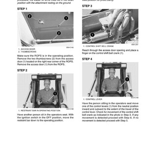 May include: A page from an equipment manual detailing the control lock adjustment procedure. The manual includes diagrams and instructions for steps involving the access door, thumbscrews, restraint bar, and control lever. The text is in English.