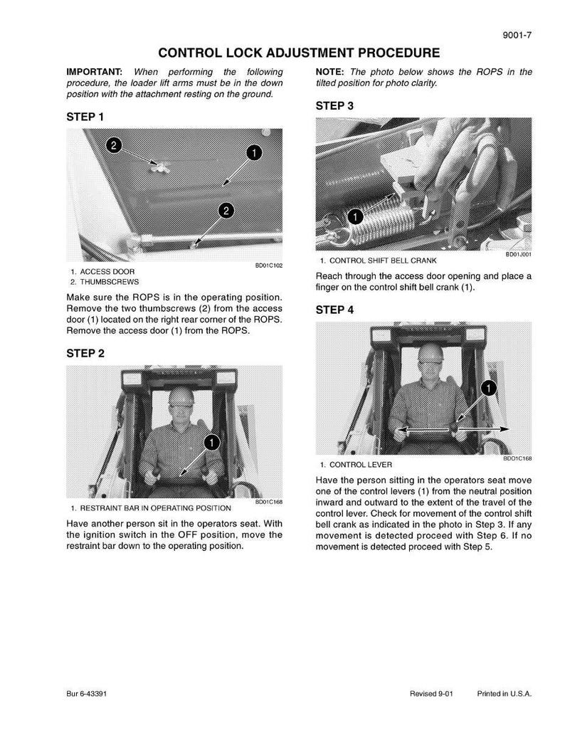 May include: A page from an equipment manual detailing the control lock adjustment procedure. The manual includes diagrams and instructions for steps involving the access door, thumbscrews, restraint bar, and control lever. The text is in English.