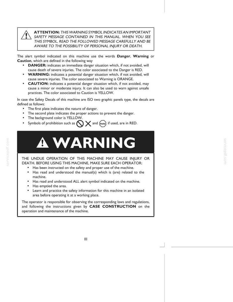 May include: A white document with black text, including safety warnings and instructions. The text includes the words "Danger," "Warning," and "Caution," with associated colors. A large black rectangle reads "A WARNING."