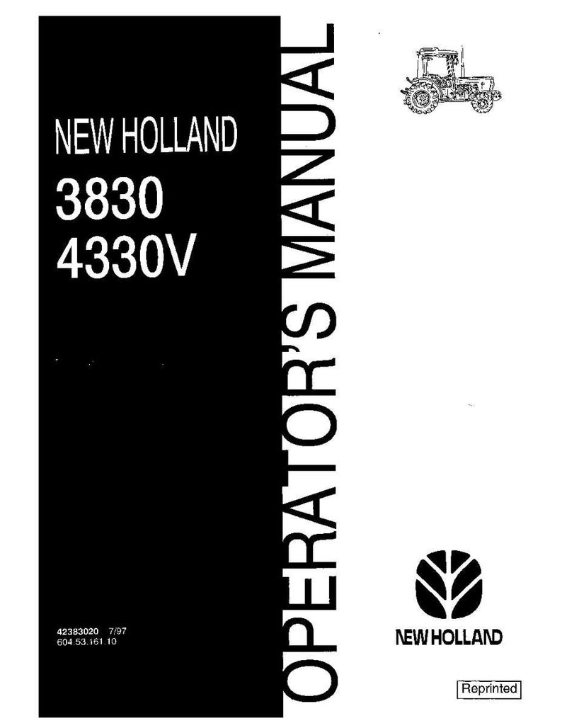 May include: A black and white operator's manual for New Holland 3830 and 4330V tractors. The cover features the New Holland logo, a small tractor illustration, the text 'NEW HOLLAND 3830 4330V OPERATOR'S MANUAL', and the code 42383020 7/97 604.53.161.10.