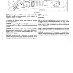 May include: Diagram of a vehicle's control panel, featuring a cigarette lighter, storage tray, ashtray, horn volume switch, and power supply sockets. The image includes numbered labels and text descriptions for each component, providing operational instructions and safety notices.