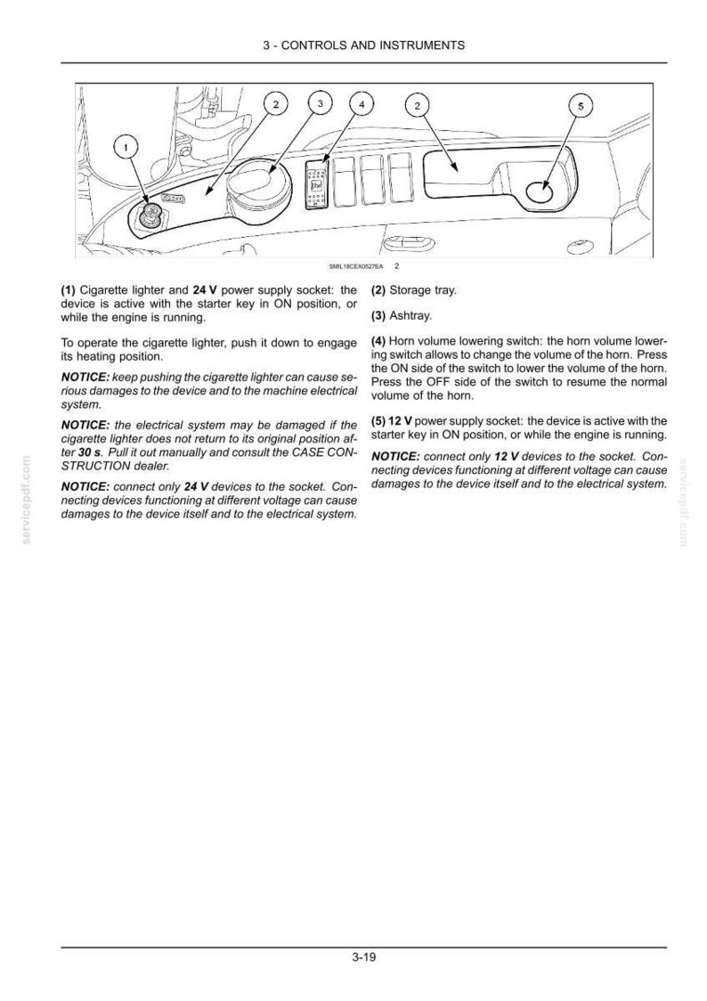 May include: Diagram of a vehicle's control panel, featuring a cigarette lighter, storage tray, ashtray, horn volume switch, and power supply sockets. The image includes numbered labels and text descriptions for each component, providing operational instructions and safety notices.