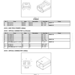 May include: Diagram of electrical connectors, including female and male versions, with detailed pin configurations, wire descriptions, and color-size specifications. The document includes part numbers and sheet references for each connector.