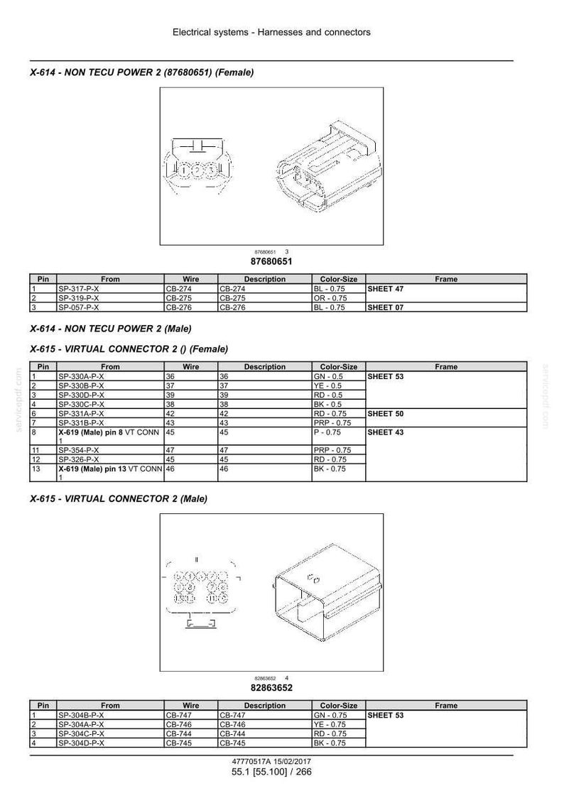 May include: Diagram of electrical connectors, including female and male versions, with detailed pin configurations, wire descriptions, and color-size specifications. The document includes part numbers and sheet references for each connector.
