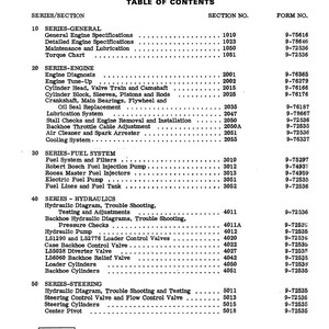 May include: A black and white table of contents page for a W14 Loader manual. The document lists various sections including engine specifications, fuel systems, and hydraulics, with corresponding section and form numbers.