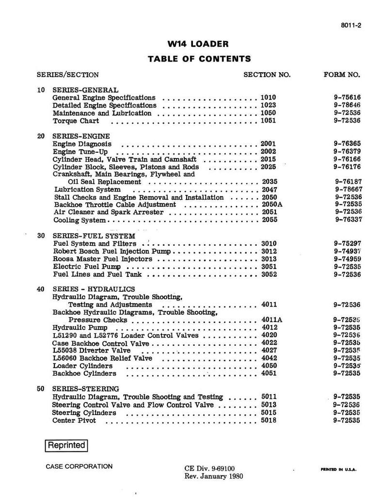 May include: A black and white table of contents page for a W14 Loader manual. The document lists various sections including engine specifications, fuel systems, and hydraulics, with corresponding section and form numbers.