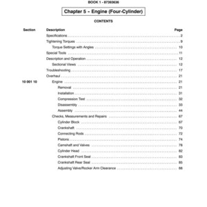 May include: A page from a manual titled "SECTION 10 - ENGINE" with the text "Chapter 5 - Engine (Four-Cylinder)". The table of contents lists engine components and procedures, including specifications, torque settings, and disassembly instructions.