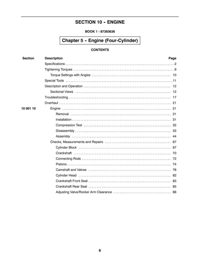 May include: A page from a manual titled "SECTION 10 - ENGINE" with the text "Chapter 5 - Engine (Four-Cylinder)". The table of contents lists engine components and procedures, including specifications, torque settings, and disassembly instructions.
