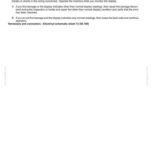 May include: A white document with the title "Electrical systems - FAULT CODES". The text describes troubleshooting steps for electrical systems, including checking sensors, harnesses, and connectors. The document includes the text "Harnesses and connectors - Electrical schematic sheet 13 (55.100)".