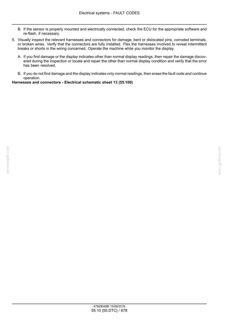 May include: A white document with the title "Electrical systems - FAULT CODES". The text describes troubleshooting steps for electrical systems, including checking sensors, harnesses, and connectors. The document includes the text "Harnesses and connectors - Electrical schematic sheet 13 (55.100)".