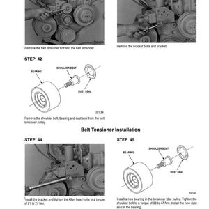 May include: A technical diagram illustrating the steps for belt tensioner installation. The image shows detailed instructions with labeled parts like bearings, bolts, and dust seals, along with torque specifications in Newton-meters.