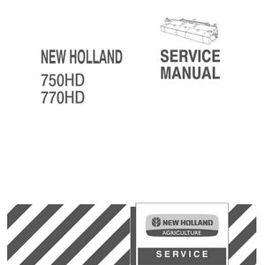 May include: A white service manual with the text "NEW HOLLAND 750HD 770HD" and "SERVICE MANUAL". The New Holland Agriculture logo is also visible. The background has diagonal black and white stripes.