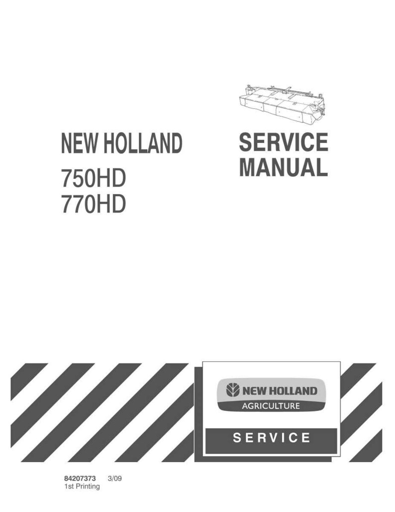 May include: A white service manual with the text "NEW HOLLAND 750HD 770HD" and "SERVICE MANUAL". The New Holland Agriculture logo is also visible. The background has diagonal black and white stripes.