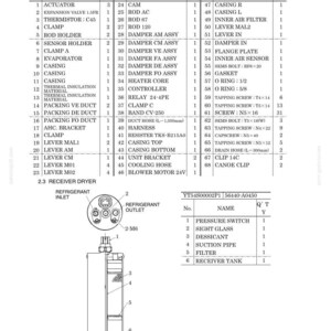May include: A technical document page displaying a parts list table for an A/C unit with 68 numbered components, followed by a diagram of a receiver dryer with a refrigerant inlet and outlet, and a secondary parts table for the receiver dryer.
