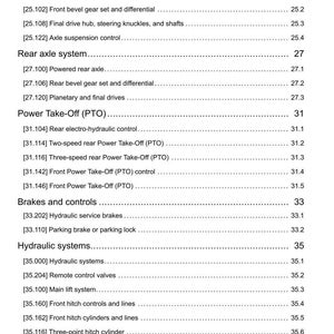 May include: A detailed technical manual page with a table of contents. The page lists various mechanical systems, including front and rear axle systems, power take-off (PTO), brakes, hydraulic systems, and hitches. The text is black on a white background.