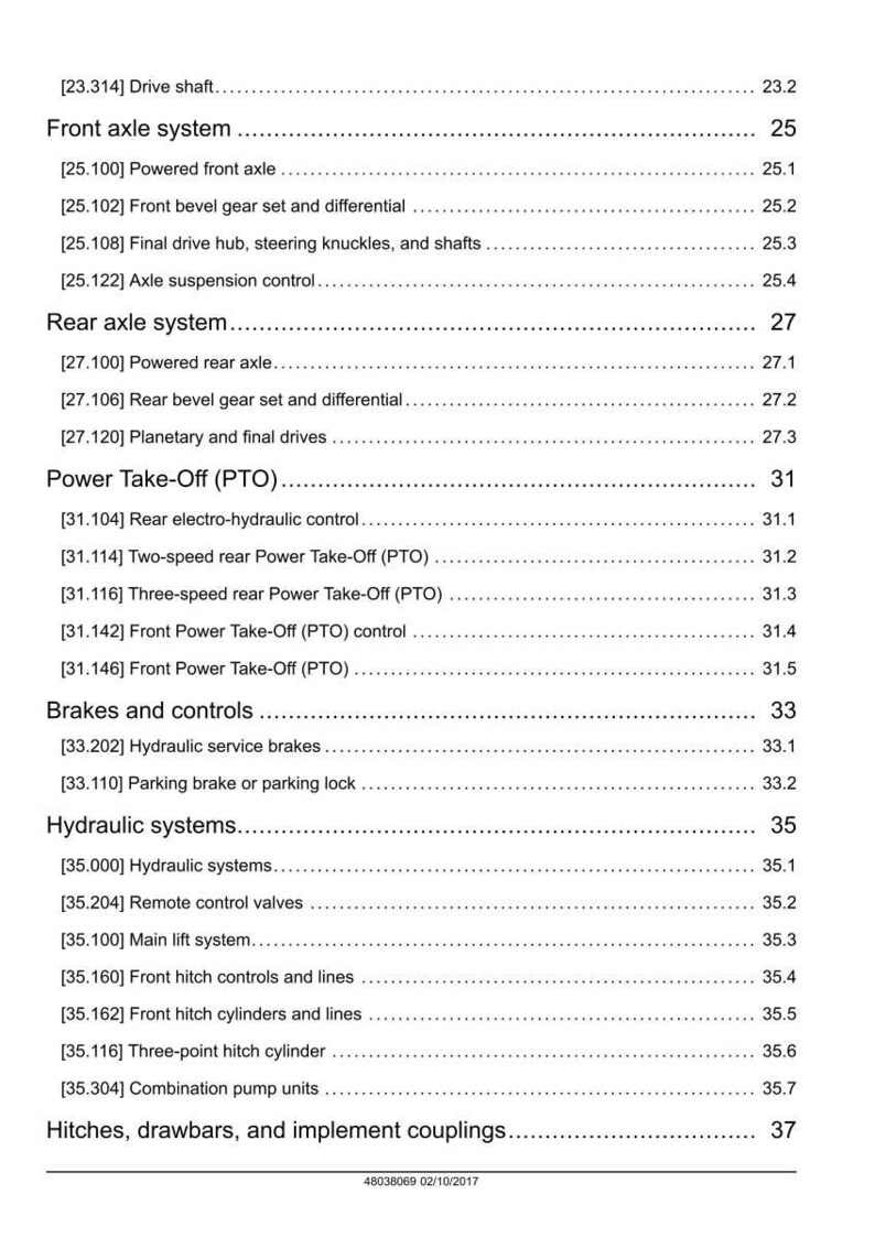 May include: A detailed technical manual page with a table of contents. The page lists various mechanical systems, including front and rear axle systems, power take-off (PTO), brakes, hydraulic systems, and hitches. The text is black on a white background.