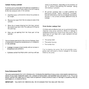 May include: A page from a manual detailing hydraulic system maintenance. Sections include Cylinder Packing Leakage and Pump Suction Leakage Test, with diagrams and instructions. The text is in black on a white background.
