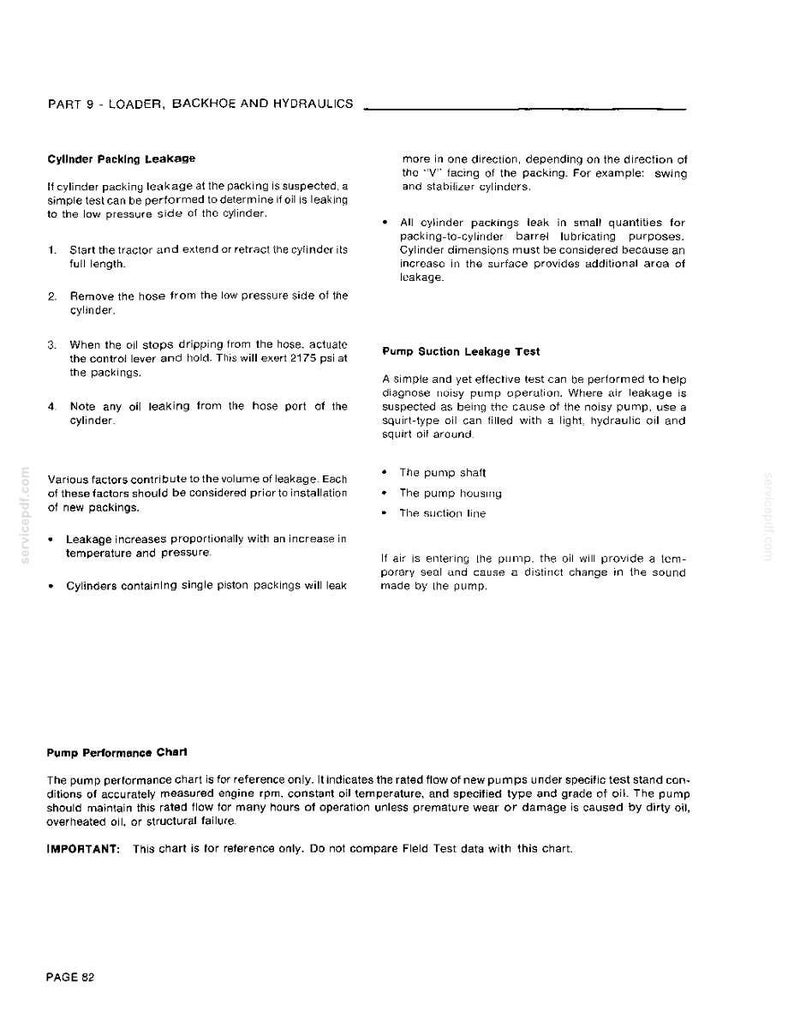 May include: A page from a manual detailing hydraulic system maintenance. Sections include Cylinder Packing Leakage and Pump Suction Leakage Test, with diagrams and instructions. The text is in black on a white background.