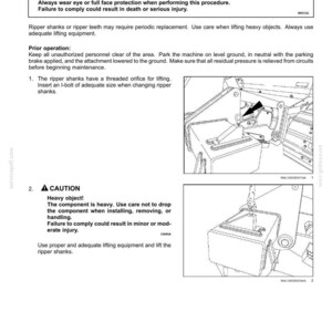 May include: A technical manual page titled 7-MAINTENANCE Ripper shanks and teeth, featuring safety warnings about flying objects and heavy components. It includes two black and white line drawings showing the installation of an I-bolt into a ripper shank.