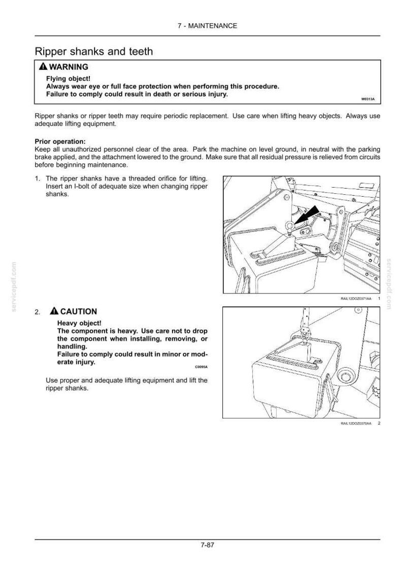 May include: A technical manual page titled 7-MAINTENANCE Ripper shanks and teeth, featuring safety warnings about flying objects and heavy components. It includes two black and white line drawings showing the installation of an I-bolt into a ripper shank.