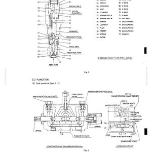Peut inclure: Un sch&eacute;ma technique &eacute;tiquet&eacute; Fig. 5 et Fig. 6 montrant une soupape de d&eacute;charge sans choc et un circuit hydraulique. L'image comprend des dessins en coupe d&eacute;taill&eacute;s, des listes de composants num&eacute;rot&eacute;s de 51 &agrave; 77 et des &eacute;tiquettes pour des pi&egrave;ces comme la chambre de piston, le ressort, le clapet et le tiroir.