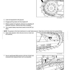 May include: Diagram of track chain removal steps for a machine. Includes illustrations of the track chain, sprocket, and adjuster piston. Text instructions detail the process, including engaging the parking brake and relieving hydraulic pressure.