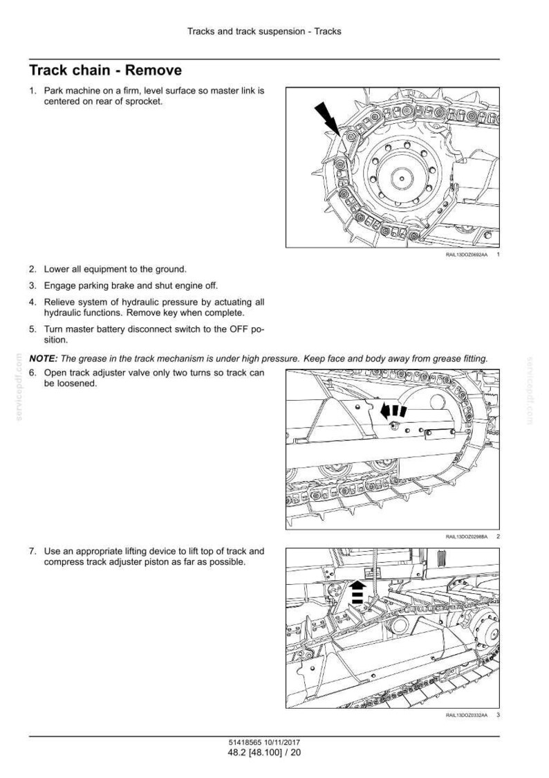 May include: Diagram of track chain removal steps for a machine. Includes illustrations of the track chain, sprocket, and adjuster piston. Text instructions detail the process, including engaging the parking brake and relieving hydraulic pressure.