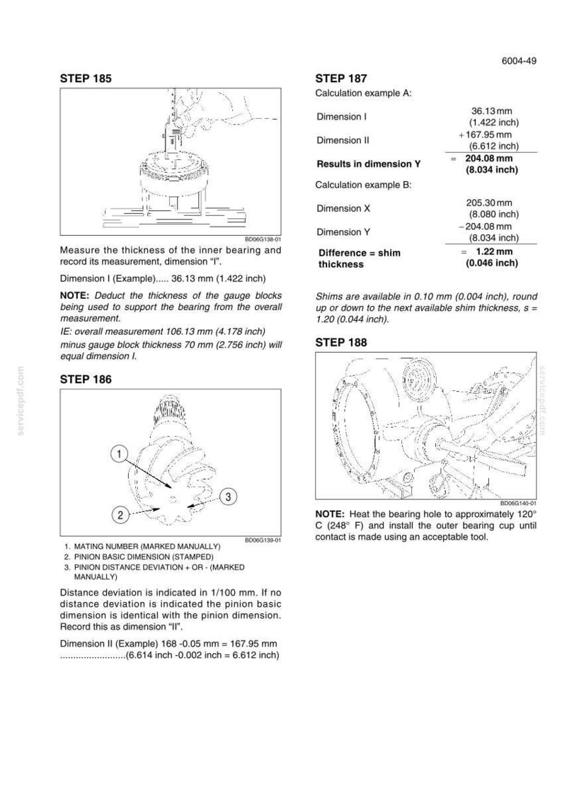 May include: Technical diagram with measurements and instructions for mechanical components. Includes dimensions in inches and millimeters, with notes on calculations and assembly procedures. Features diagrams of bearings and other parts.