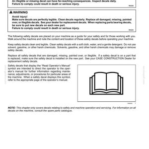 May include: A page from a manual with safety information. The text includes warnings about safety decals and instructions for their maintenance and replacement. An open book symbol is also present.