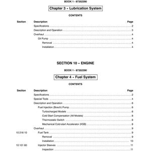 May include: A printed page from a manual, featuring the title "SECTION 10 - ENGINE" and "Chapter 3 - Lubrication System". The contents include specifications, descriptions, and operation details. The page is white with black text.