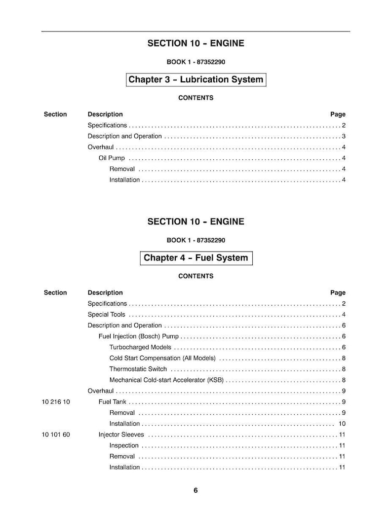 May include: A printed page from a manual, featuring the title "SECTION 10 - ENGINE" and "Chapter 3 - Lubrication System". The contents include specifications, descriptions, and operation details. The page is white with black text.