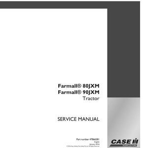 May include: A white service manual for Farmall 80JXM and 90JXM tractors. The cover features the text "SERVICE MANUAL" and the Case IH Agriculture logo. The part number is 47866581, and the manual is from January 2016.