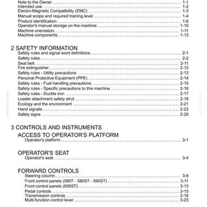 May include: A detailed table of contents from a manual, with headings such as "General Information," "Safety Information," and "Controls and Instruments." The document includes page numbers and subtopics.