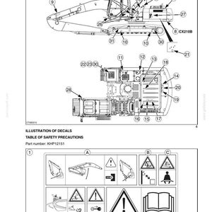May include: Diagram of an excavator with labeled parts and safety precautions. The image includes illustrations of decals and hand signals, with text indicating the part number KHP12151. The diagram is a technical illustration.