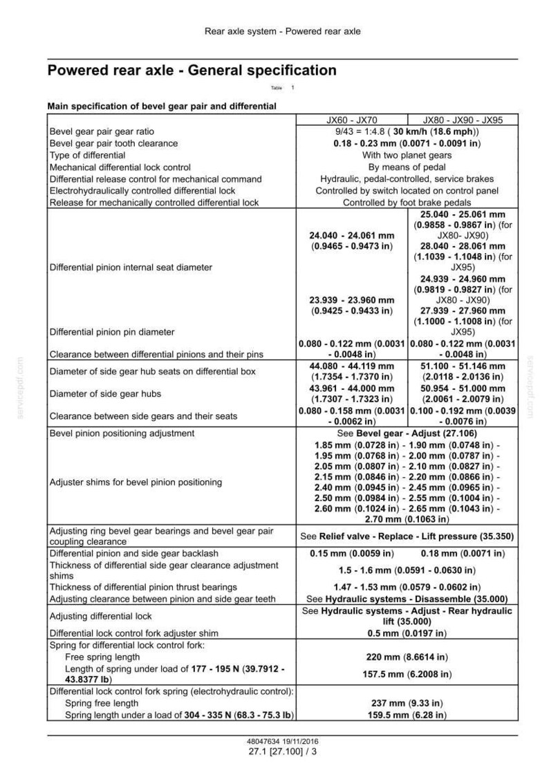 May include: A detailed technical specification chart for a powered rear axle, featuring measurements in inches and millimeters. The chart includes data on gear ratios, clearances, and dimensions for various axle components.