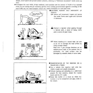 May include: A black and white technical manual page titled Chapter 5 Transportation. It features text instructions and cartoon illustrations of an excavator, a signaler, and a transport truck, detailing safety procedures for moving heavy machinery.