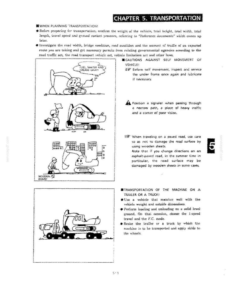 May include: A black and white technical manual page titled Chapter 5 Transportation. It features text instructions and cartoon illustrations of an excavator, a signaler, and a transport truck, detailing safety procedures for moving heavy machinery.
