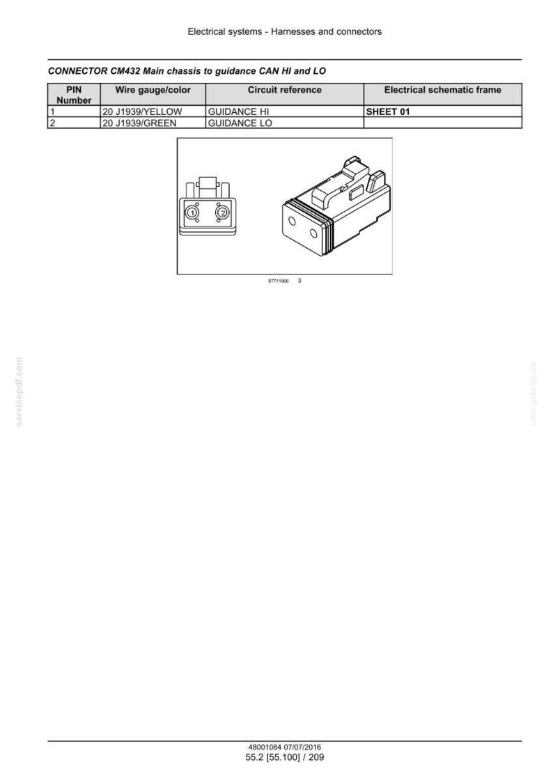 May include: Diagram of a connector CM432 for electrical systems, with a table detailing wire gauge, circuit reference, and schematic frame. Includes illustrations of the connector and its components. Text includes "Electrical systems - Harnesses and connectors".