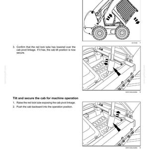 May include: Diagrams illustrating safety information and procedures for operating heavy machinery. The images show the tilting of a cab, the lowering of a red lock tube, and the cab's operation position. Text includes safety instructions.