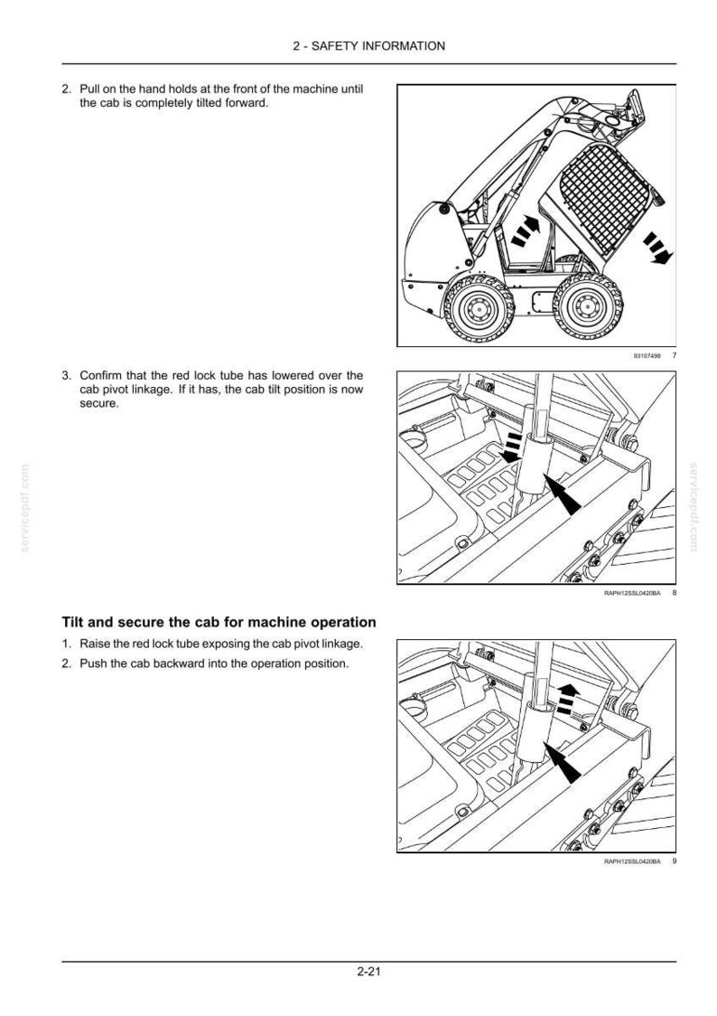 May include: Diagrams illustrating safety information and procedures for operating heavy machinery. The images show the tilting of a cab, the lowering of a red lock tube, and the cab's operation position. Text includes safety instructions.
