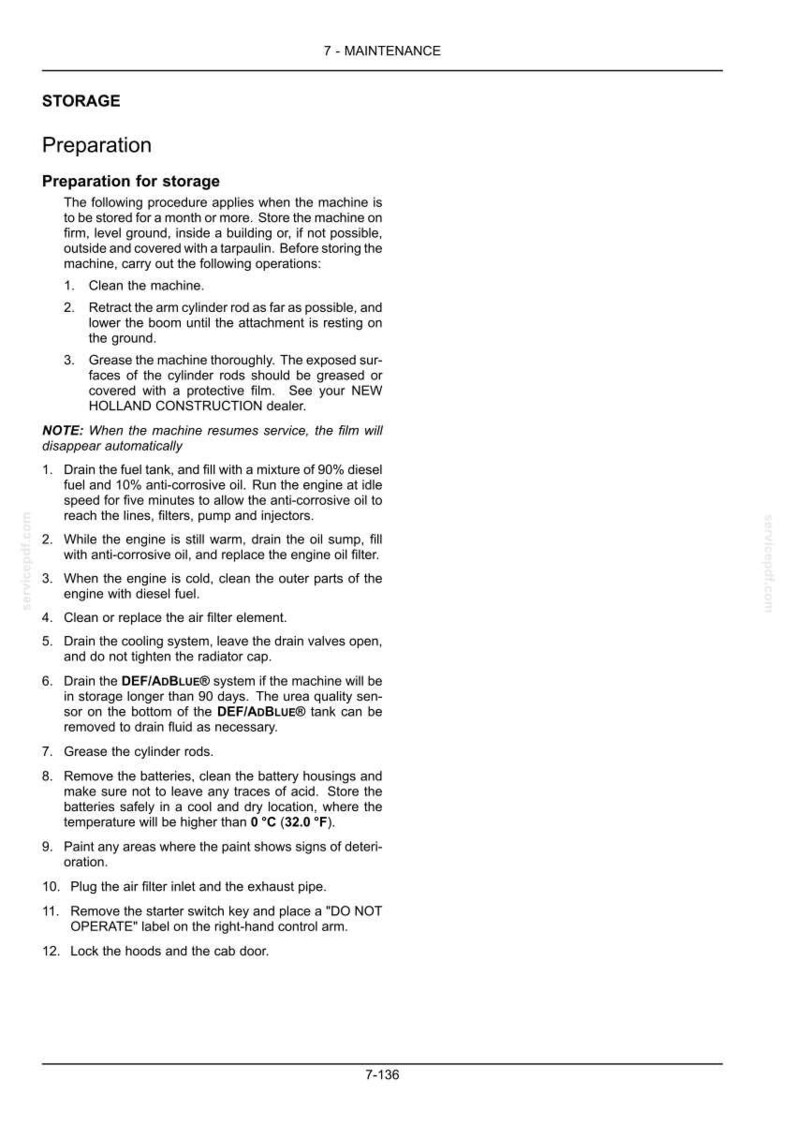 Pu&ograve; includere: Una pagina di documento tecnico intitolata 7-MAINTENANCE STORAGE Preparation for storage. Il testo descrive dodici passaggi numerati per preparare una macchina allo stoccaggio a lungo termine, inclusi pulizia e manutenzione.