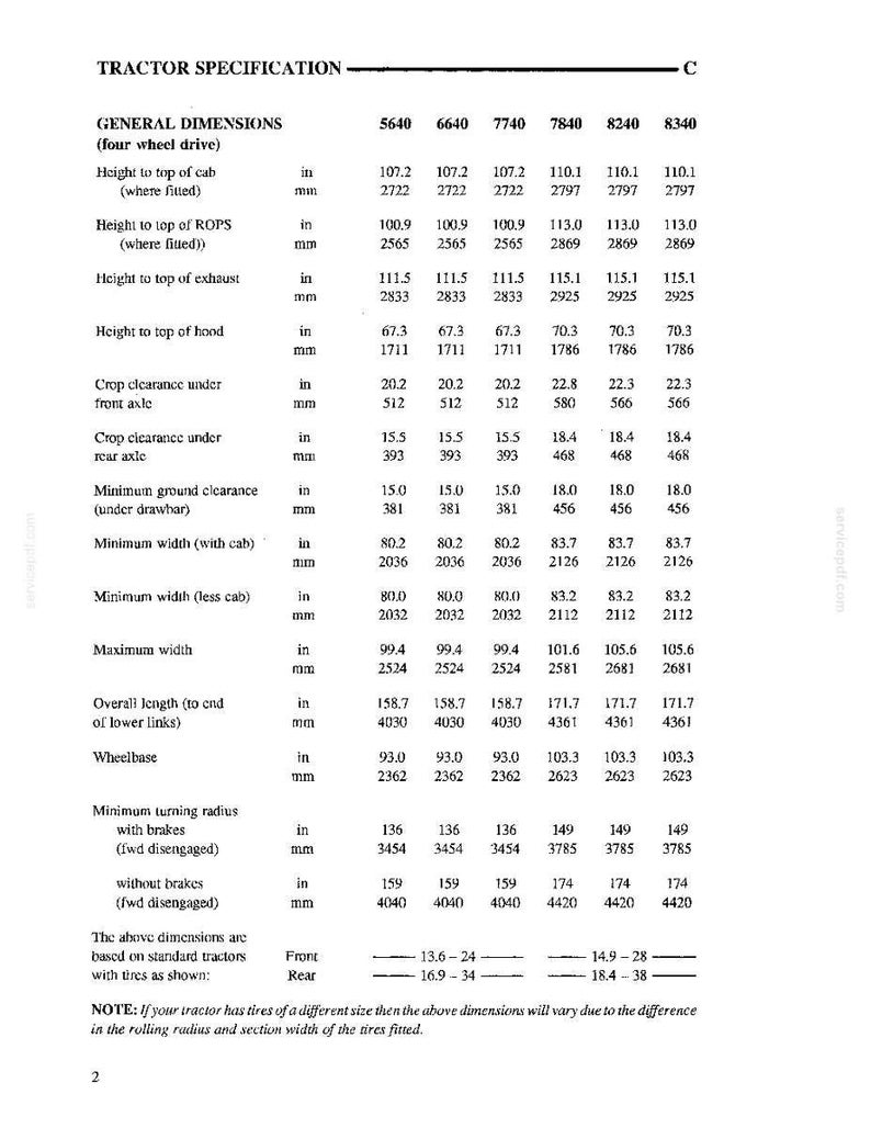 May include: A technical document titled TRACTOR SPECIFICATION C, presenting a table of general dimensions for four-wheel drive tractor models 5640 through 8340. It lists measurements in inches and millimeters for height, width, length, and turning radius.