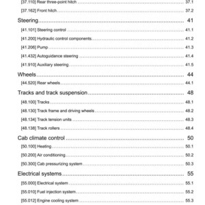May include: A detailed technical manual page with a table of contents. The document lists various mechanical systems, including hitches, steering, wheels, tracks, cab climate control, and electrical systems. The page is white with black text.