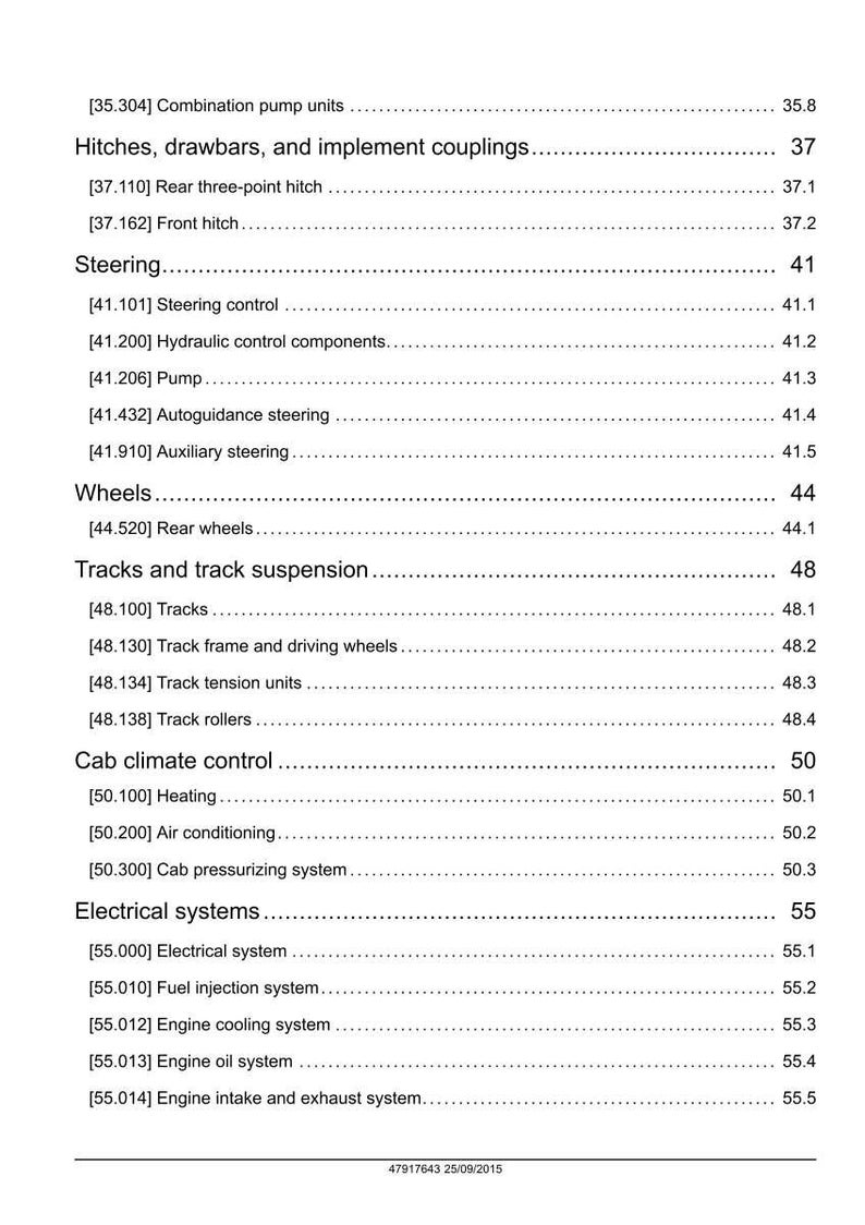 May include: A detailed technical manual page with a table of contents. The document lists various mechanical systems, including hitches, steering, wheels, tracks, cab climate control, and electrical systems. The page is white with black text.