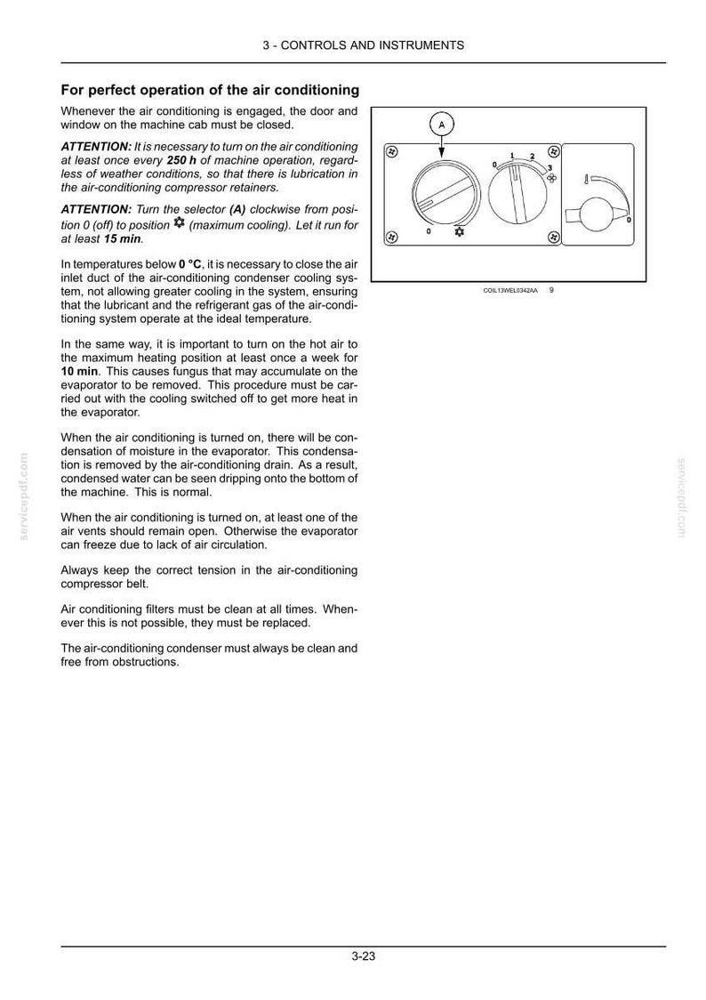 May include: A technical manual page titled 3-CONTROLS AND INSTRUMENTS featuring text instructions for air conditioning operation and a black and white line drawing of a circular control knob labeled A with settings from 0 to 3 and a snowflake icon.