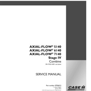 May include: A white service manual with the text "AXIAL-FLOW 5140, 6140, 7140 Stage IV Combine". The Case IH Agriculture logo is in the bottom right corner. Part number 47956015.