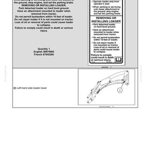 May include: A technical document page titled 2-SAFETY INFORMATION featuring a black and white warning label for loader safety. The text outlines procedures for parking, servicing, and installing a loader, including a diagram of a loader tower.
