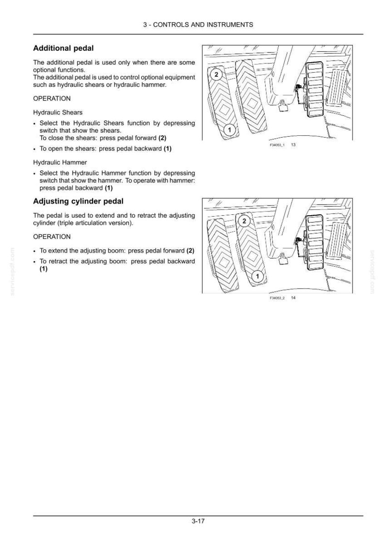 May include: Diagram of a control panel with foot pedals labeled 1 and 2. Text describes the function of the pedals for hydraulic shears, hydraulic hammer, and adjusting cylinder. The page is titled "3 - CONTROLS AND INSTRUMENTS".