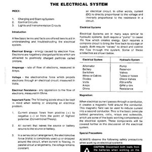 May include: A page from a manual titled "The Electrical System" with text and diagrams. The manual includes sections on electrical energy, amperage, voltage, and resistance, along with safety precautions and a warning symbol.